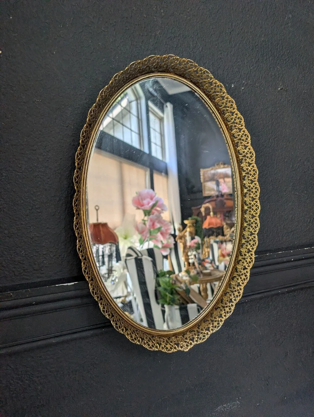 Vintage Gold Ornate Oval Vanity Tray Display or Wall mirror 16.5